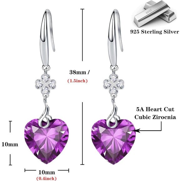 Sterling Silver Solitaire Heart Heart CZ Leverback Earrings  Women Sterling Silver Heart Dangle Earrings with Cubic Zirconia - Gift for Wife